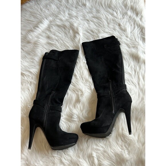 GBG GUESS Womens Size 7.5 Black Tall Stiletto Boots Pointed Toe Sexy Buckle - Picture 3 of 8